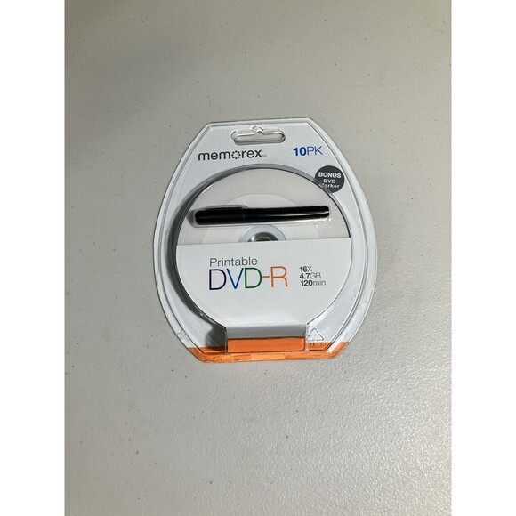 Memorex Printable DVD-R 10 Pack with DVD Marker 16X 4.7 GB 120 Min - Picture 1 of 2